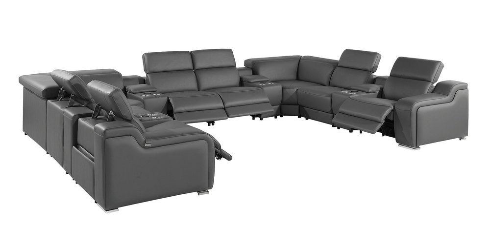 Light Gray Italian Leather Power Reclining U Shaped Twelve Piece Corner Sectional With Console