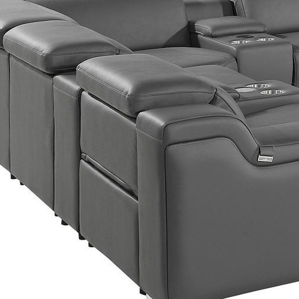 Light Gray Italian Leather Power Reclining U Shaped Twelve Piece Corner Sectional With Console