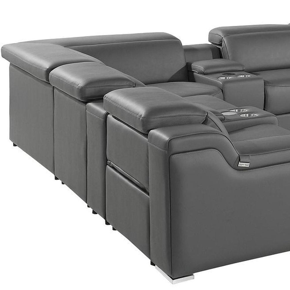 Light Gray Italian Leather Power Reclining U Shaped Twelve Piece Corner Sectional With Console