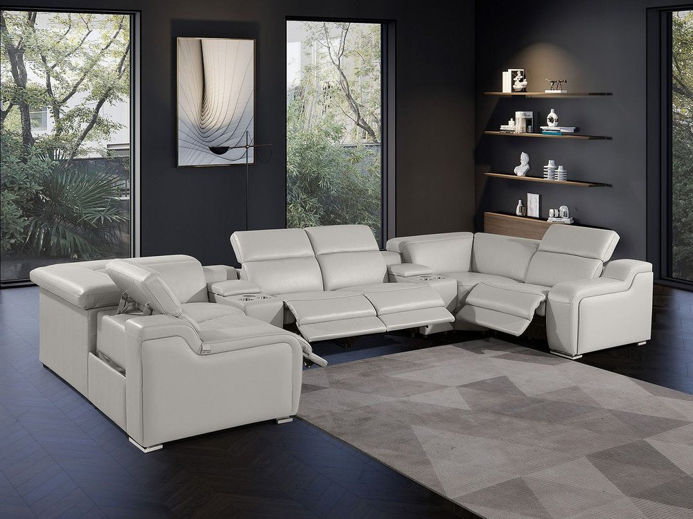 Light Gray Italian Leather Power Reclining U Shaped Eight Piece Corner Sectional With Console