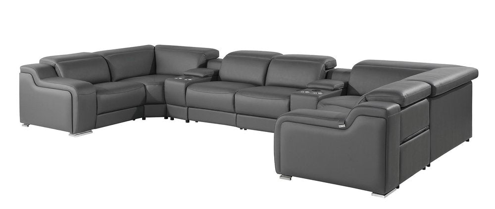 Light Gray Italian Leather Power Reclining U Shaped Eight Piece Corner Sectional With Console