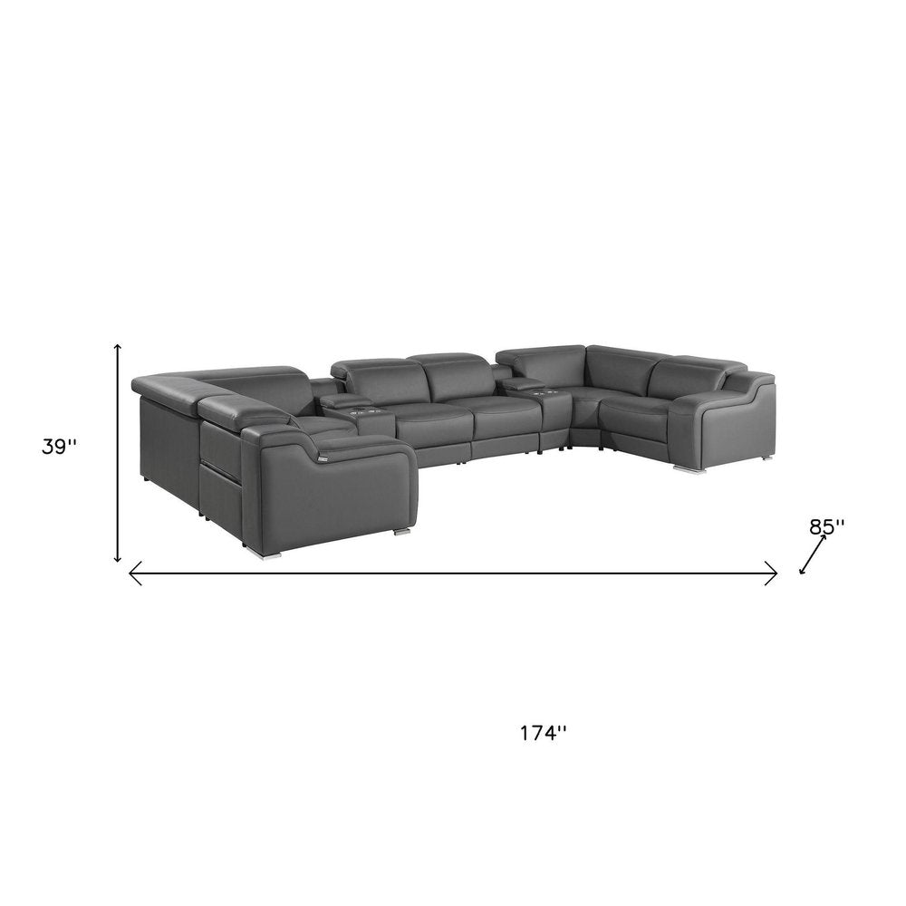 Light Gray Italian Leather Power Reclining U Shaped Eight Piece Corner Sectional With Console