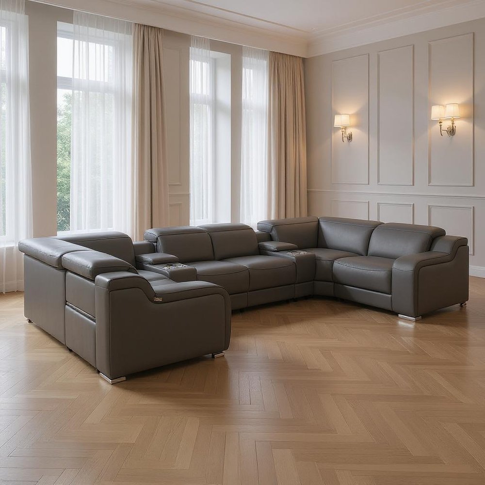 Light Gray Italian Leather Power Reclining U Shaped Eight Piece Corner Sectional With Console