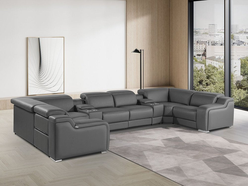 Light Gray Italian Leather Power Reclining U Shaped Eight Piece Corner Sectional With Console