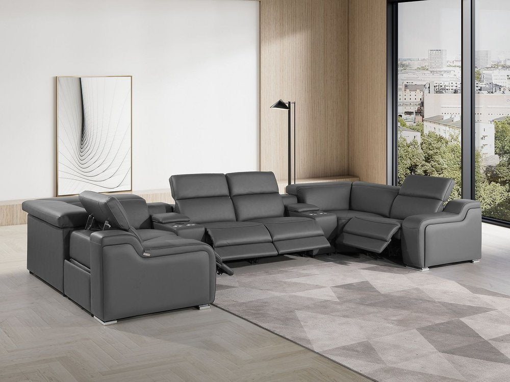 Light Gray Italian Leather Power Reclining U Shaped Eight Piece Corner Sectional With Console
