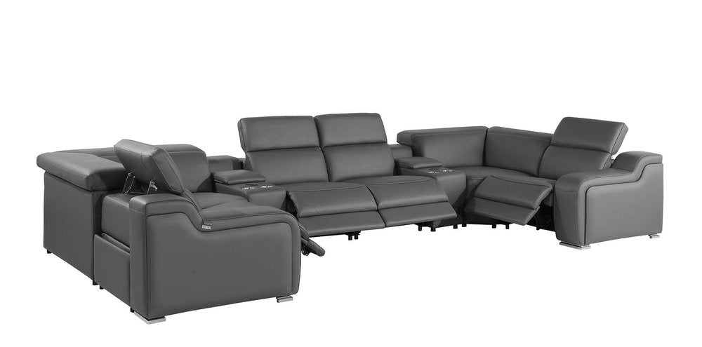Light Gray Italian Leather Power Reclining U Shaped Eight Piece Corner Sectional With Console