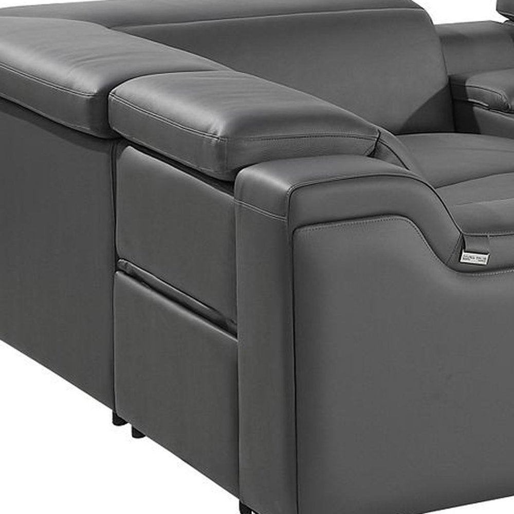 Light Gray Italian Leather Power Reclining U Shaped Eight Piece Corner Sectional With Console