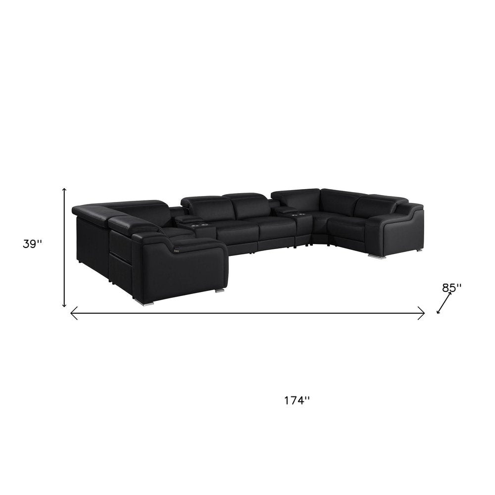 Light Gray Italian Leather Power Reclining U Shaped Eight Piece Corner Sectional With Console