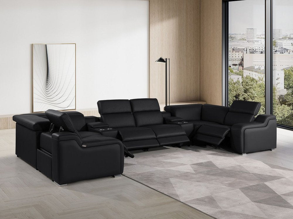 Light Gray Italian Leather Power Reclining U Shaped Eight Piece Corner Sectional With Console