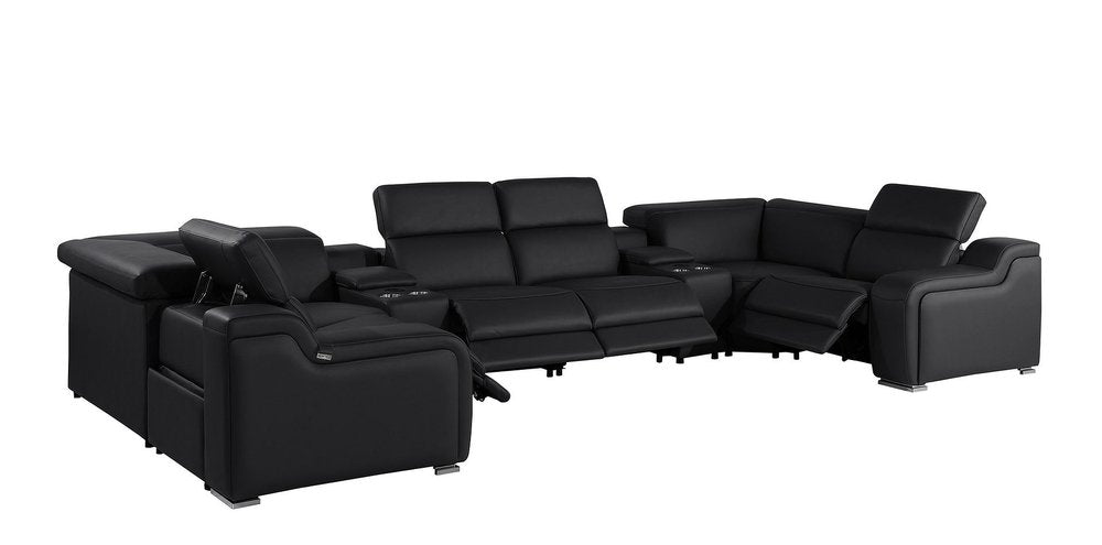 Light Gray Italian Leather Power Reclining U Shaped Eight Piece Corner Sectional With Console