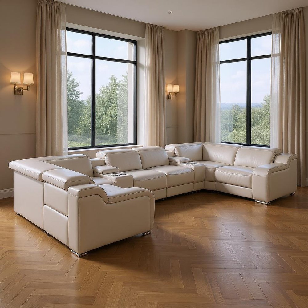 Dark Gray Italian Leather Power Reclining U Shaped Eight Piece Corner Sectional With Console