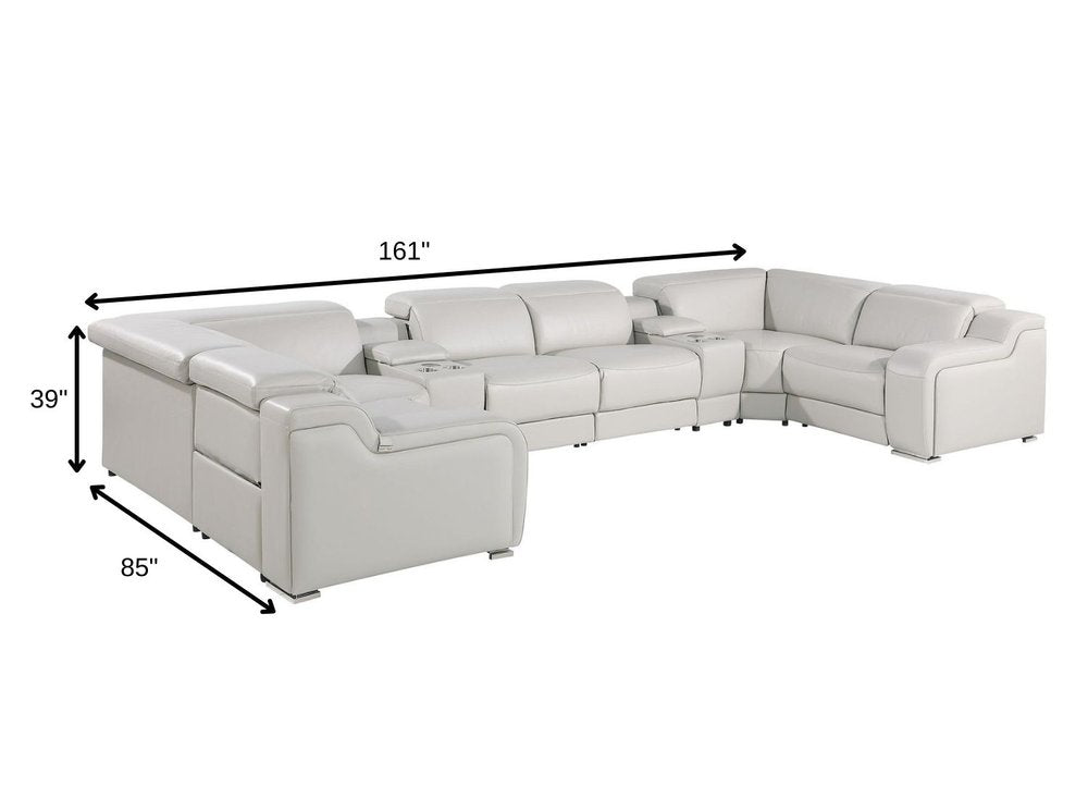 Dark Gray Italian Leather Power Reclining U Shaped Eight Piece Corner Sectional With Console
