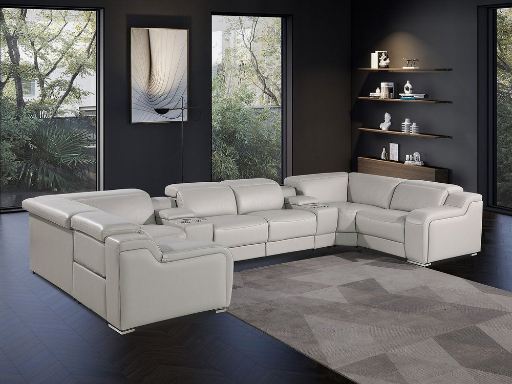 Dark Gray Italian Leather Power Reclining U Shaped Eight Piece Corner Sectional With Console