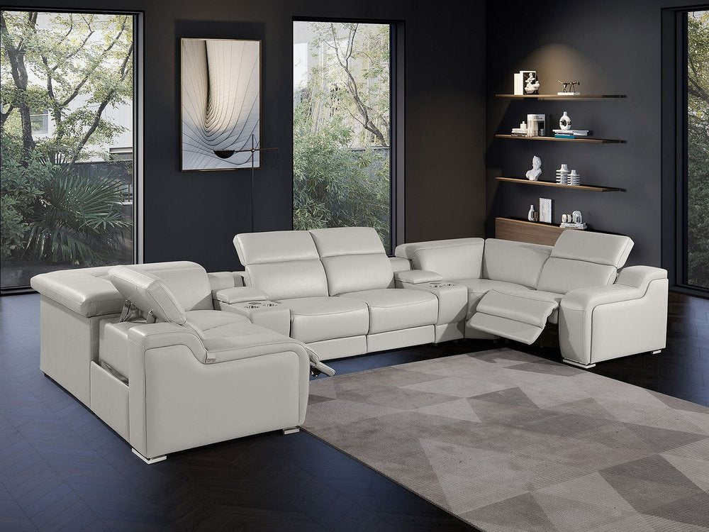 Dark Gray Italian Leather Power Reclining U Shaped Eight Piece Corner Sectional With Console
