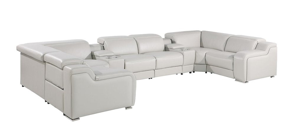 Dark Gray Italian Leather Power Reclining U Shaped Eight Piece Corner Sectional With Console