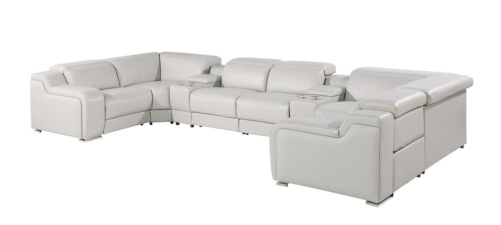 Light Gray Italian Leather Power Reclining U Shaped Eight Piece Corner Sectional With Console