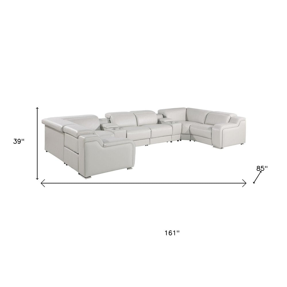 Light Gray Italian Leather Power Reclining U Shaped Eight Piece Corner Sectional With Console