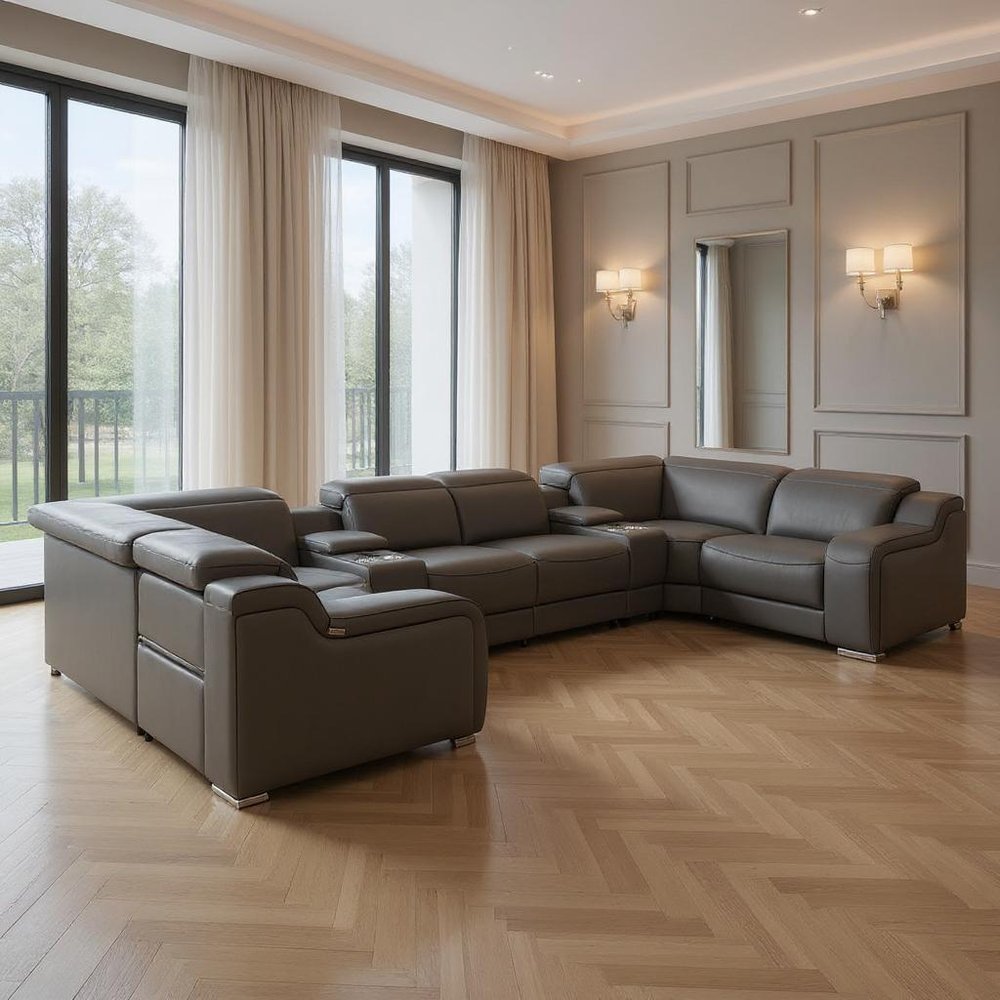Light Gray Italian Leather Power Reclining U Shaped Eight Piece Corner Sectional With Console
