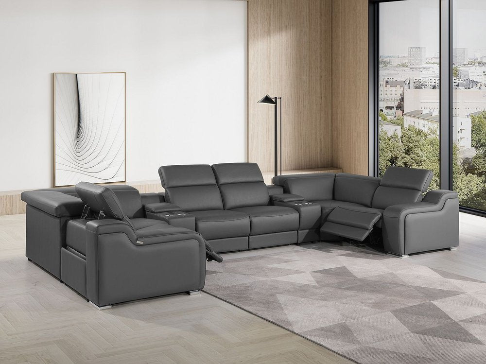 Light Gray Italian Leather Power Reclining U Shaped Eight Piece Corner Sectional With Console