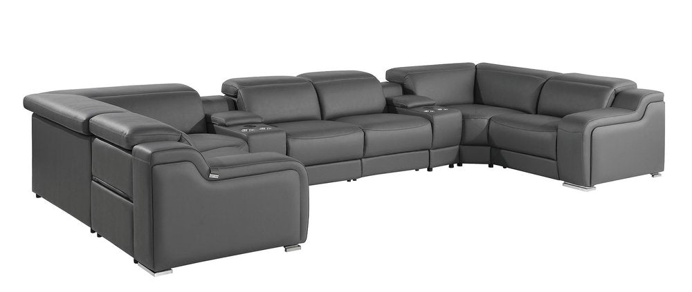 Light Gray Italian Leather Power Reclining U Shaped Eight Piece Corner Sectional With Console