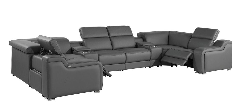 Dark Gray Italian Leather Power Reclining U Shaped Eight Piece Corner Sectional With Console