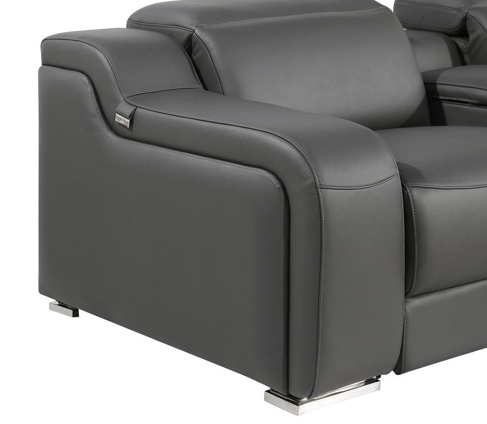 Light Gray Italian Leather Power Reclining U Shaped Eight Piece Corner Sectional With Console