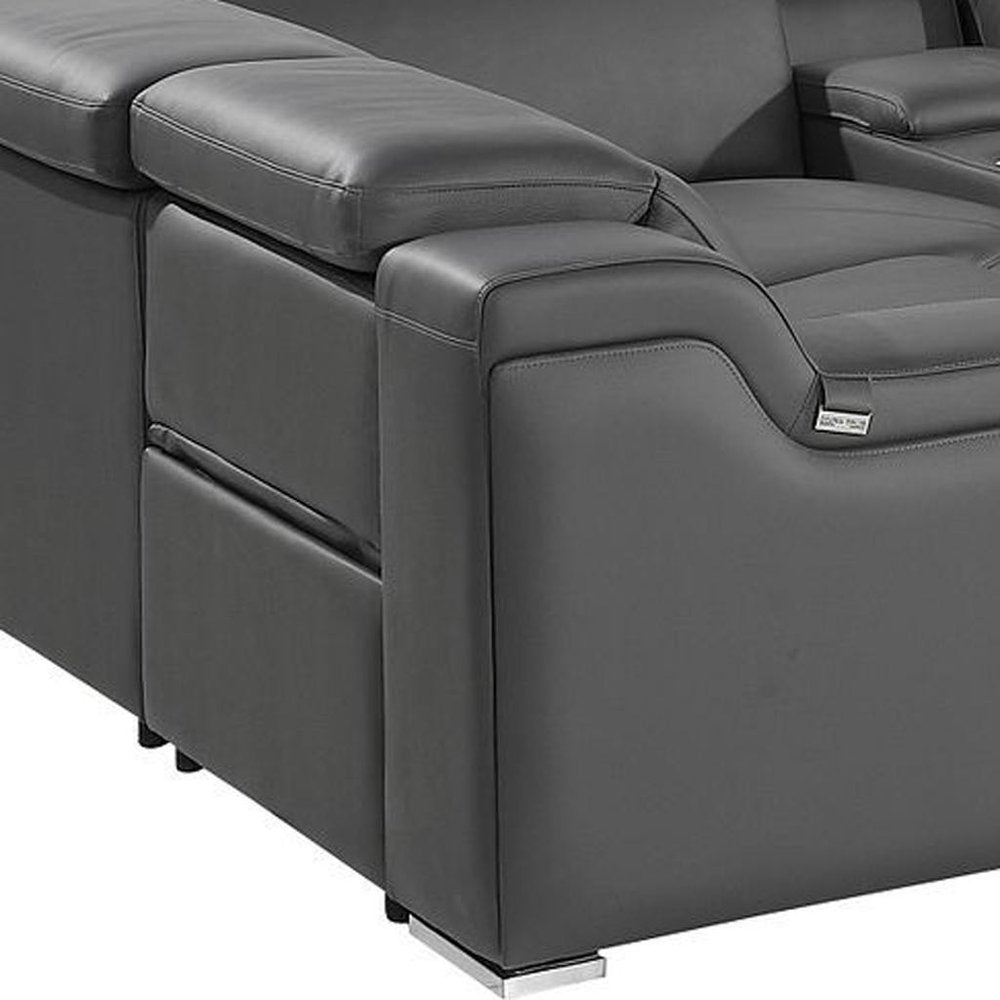 Dark Gray Italian Leather Power Reclining U Shaped Eight Piece Corner Sectional With Console