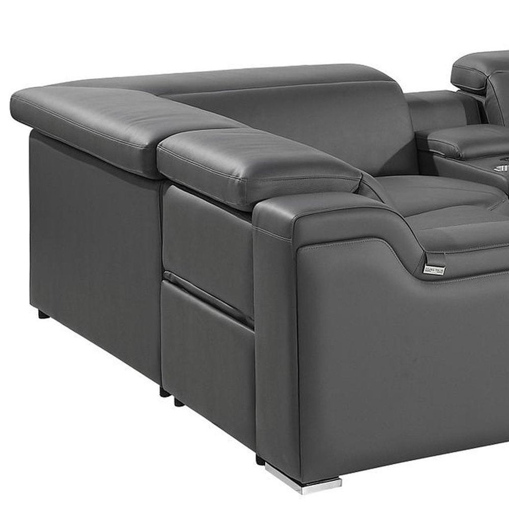 Dark Gray Italian Leather Power Reclining U Shaped Eight Piece Corner Sectional With Console