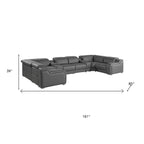 Dark Gray Italian Leather Power Reclining U Shaped Eight Piece Corner Sectional With Console