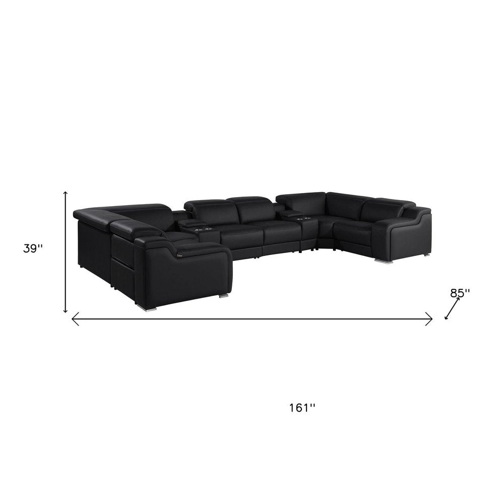 Light Gray Italian Leather Power Reclining U Shaped Eight Piece Corner Sectional With Console