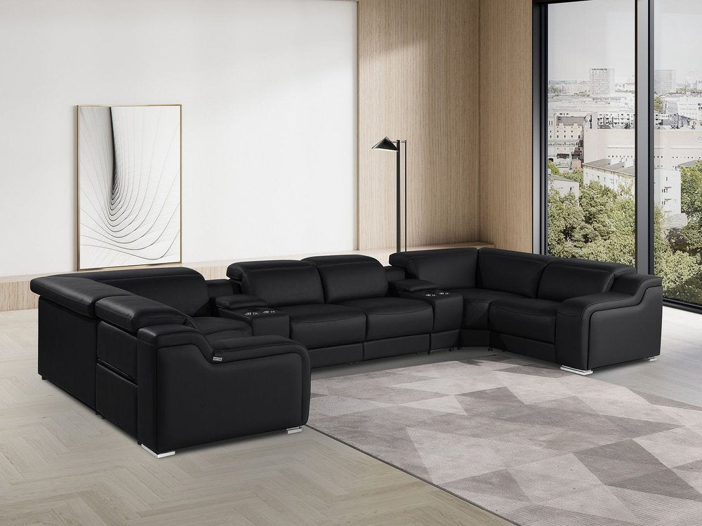 Light Gray Italian Leather Power Reclining U Shaped Eight Piece Corner Sectional With Console