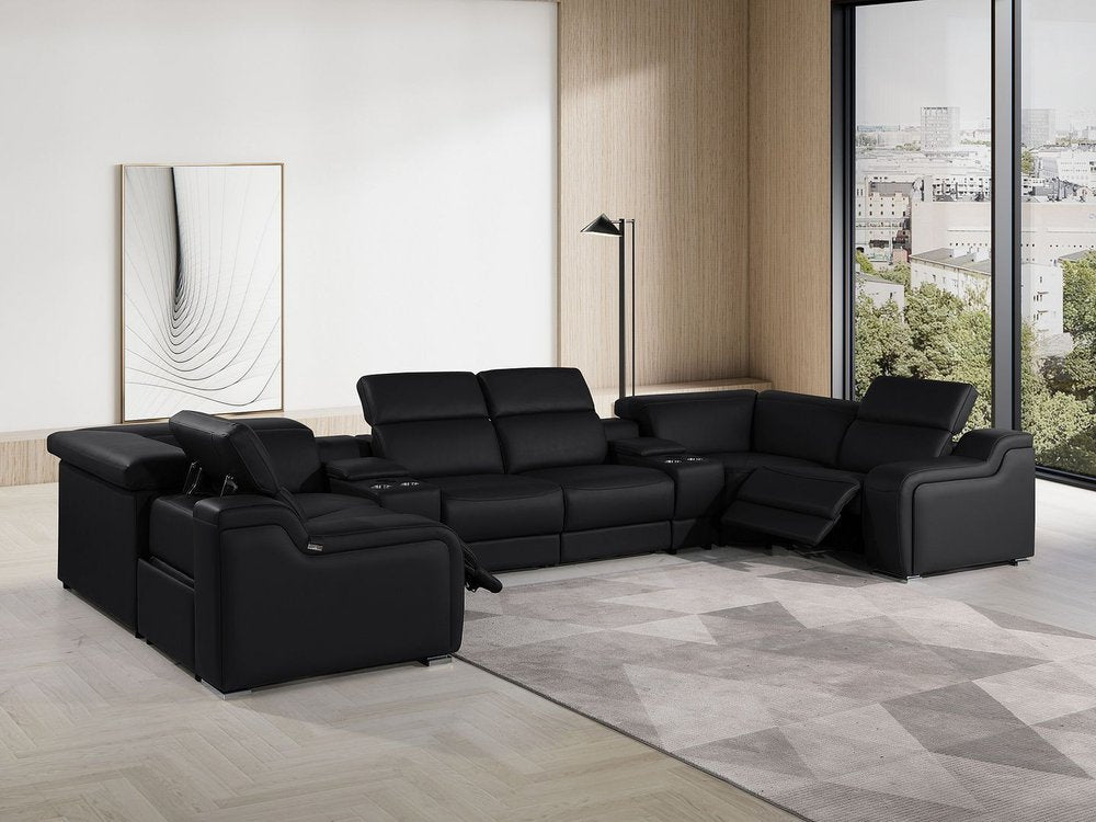 Light Gray Italian Leather Power Reclining U Shaped Eight Piece Corner Sectional With Console