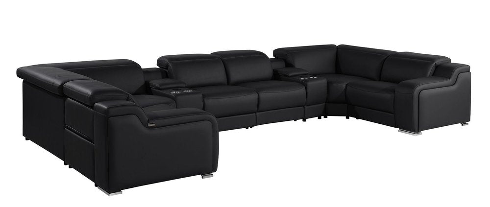 Dark Gray Italian Leather Power Reclining U Shaped Eight Piece Corner Sectional With Console