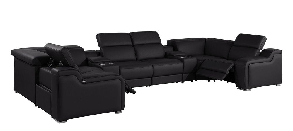 Dark Gray Italian Leather Power Reclining U Shaped Eight Piece Corner Sectional With Console
