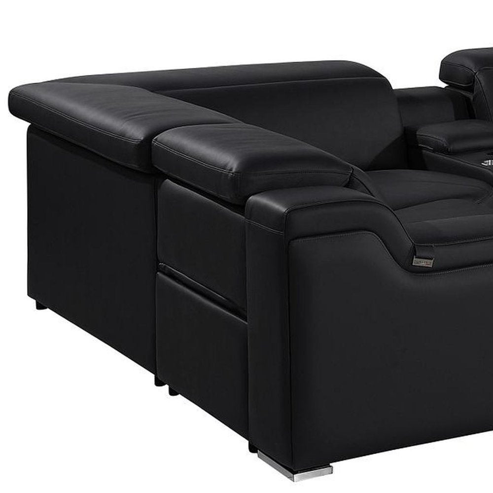 Light Gray Italian Leather Power Reclining U Shaped Eight Piece Corner Sectional With Console