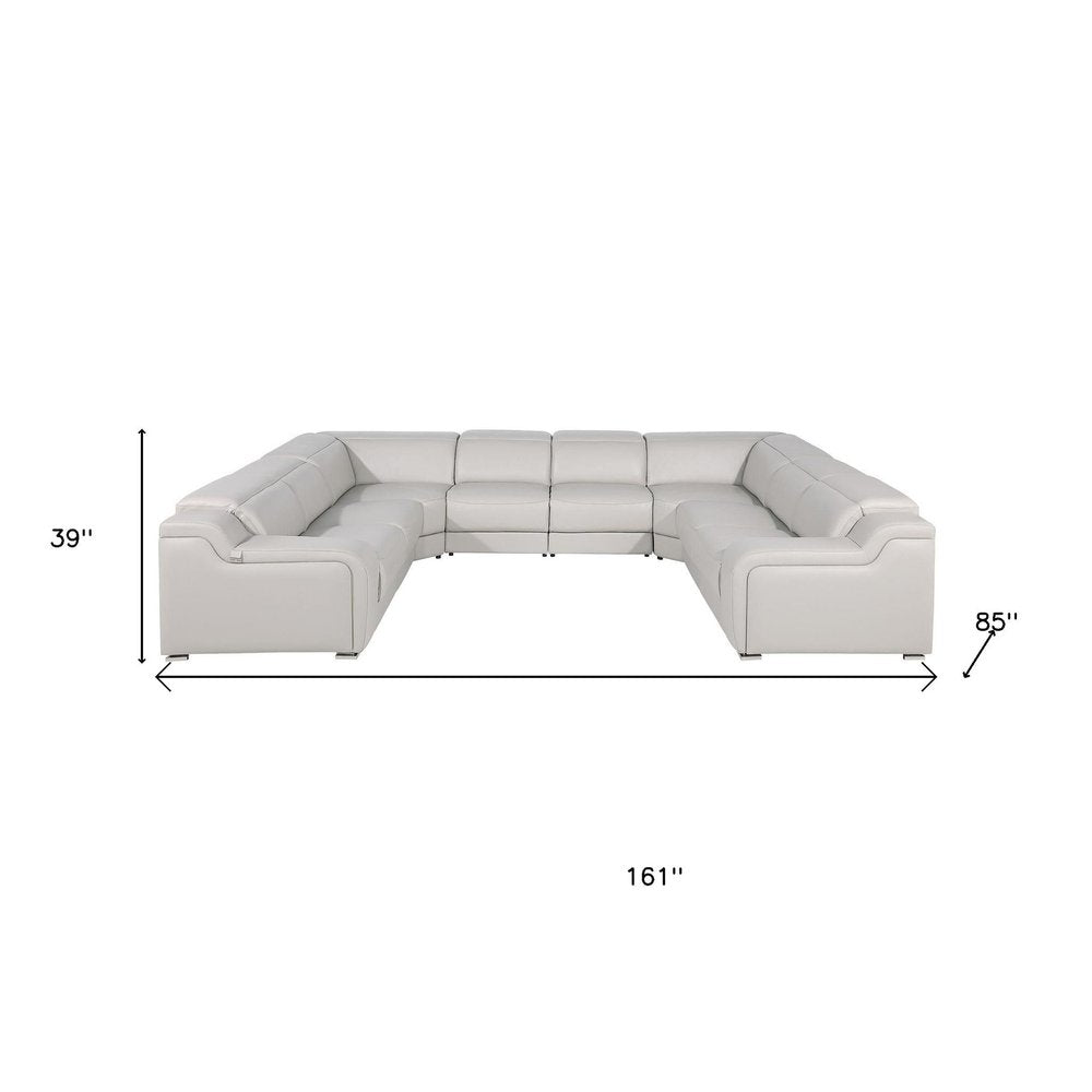 Light Gray Italian Leather Power Reclining U Shaped Eight Piece Corner Sectional With Console