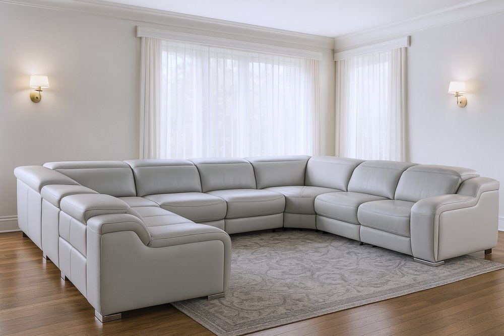 Light Gray Italian Leather Power Reclining U Shaped Eight Piece Corner Sectional With Console