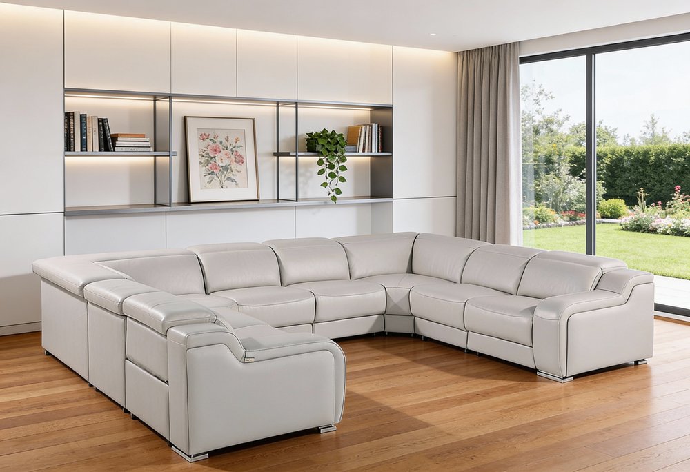 Dark Gray Italian Leather Power Reclining U Shaped Eight Piece Corner Sectional With Console