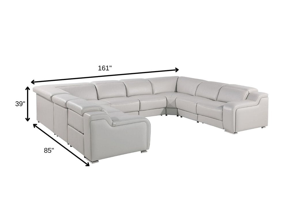 Dark Gray Italian Leather Power Reclining U Shaped Eight Piece Corner Sectional With Console