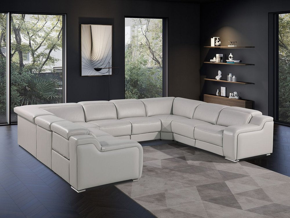 Light Gray Italian Leather Power Reclining U Shaped Eight Piece Corner Sectional With Console