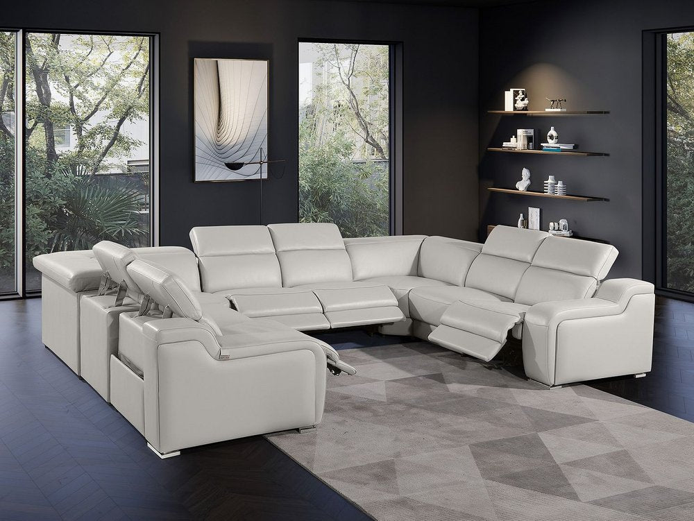 Light Gray Italian Leather Power Reclining U Shaped Eight Piece Corner Sectional With Console