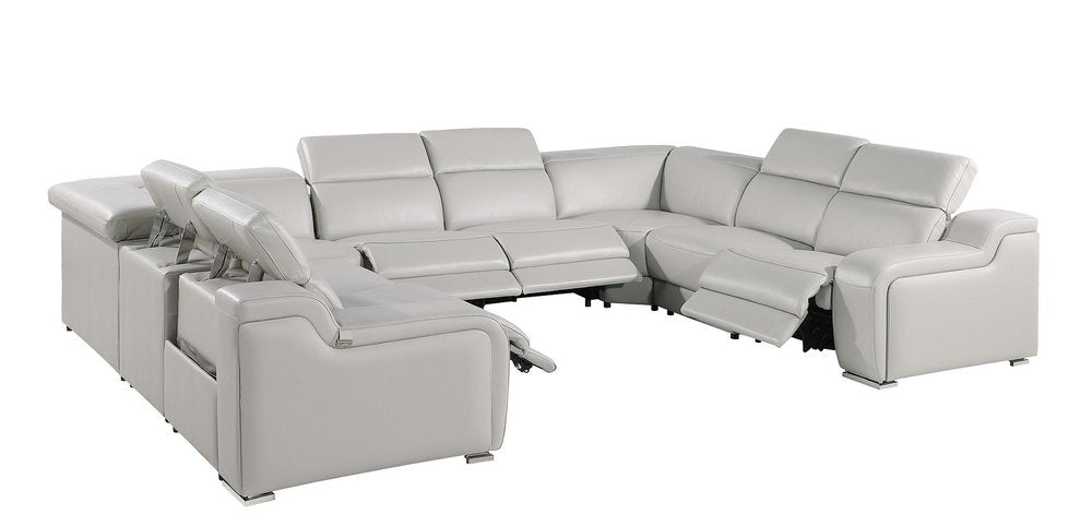 Light Gray Italian Leather Power Reclining U Shaped Eight Piece Corner Sectional With Console