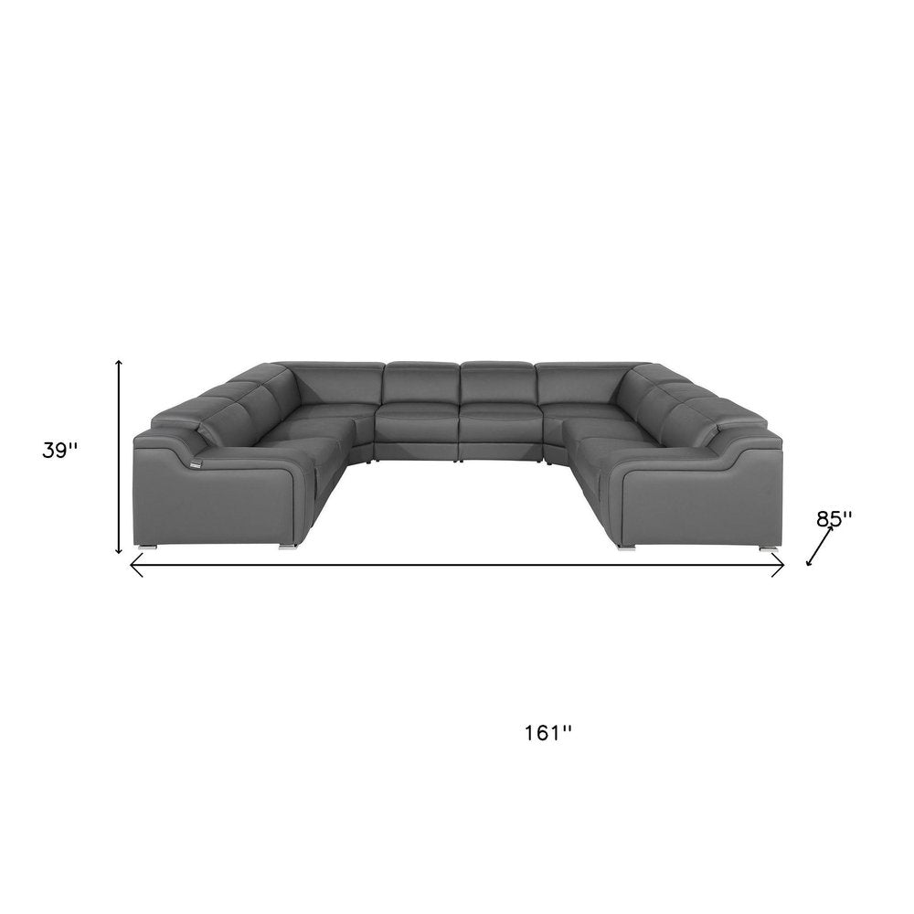 Light Gray Italian Leather Power Reclining U Shaped Eight Piece Corner Sectional With Console