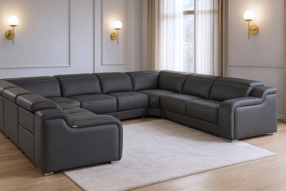 Light Gray Italian Leather Power Reclining U Shaped Eight Piece Corner Sectional With Console