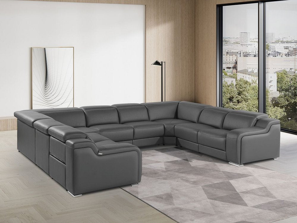 Light Gray Italian Leather Power Reclining U Shaped Eight Piece Corner Sectional With Console