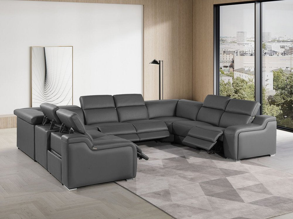 Light Gray Italian Leather Power Reclining U Shaped Eight Piece Corner Sectional With Console
