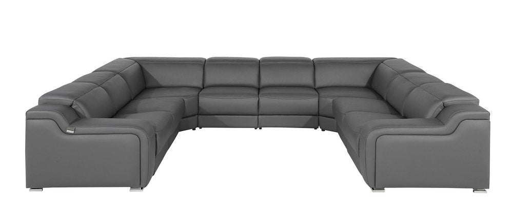 Light Gray Italian Leather Power Reclining U Shaped Eight Piece Corner Sectional With Console