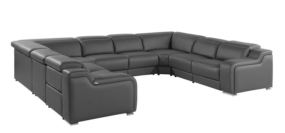 Dark Gray Italian Leather Power Reclining U Shaped Eight Piece Corner Sectional With Console