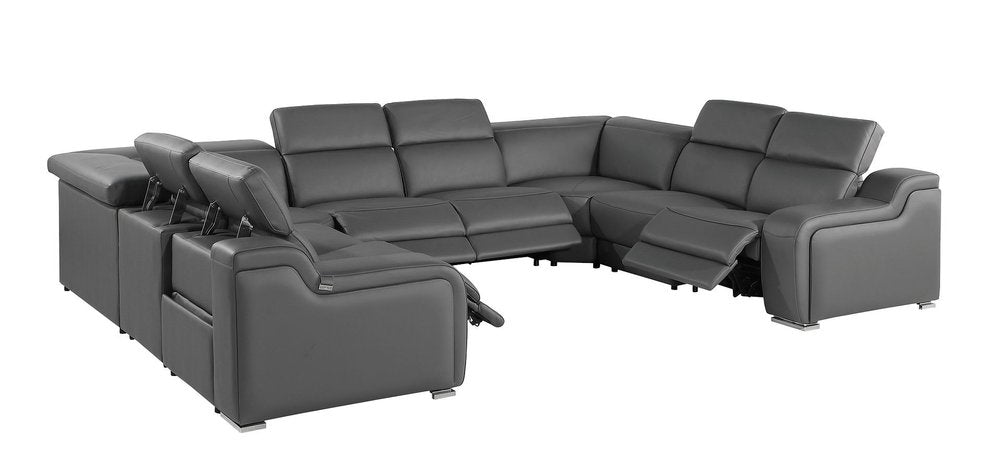 Light Gray Italian Leather Power Reclining U Shaped Eight Piece Corner Sectional With Console