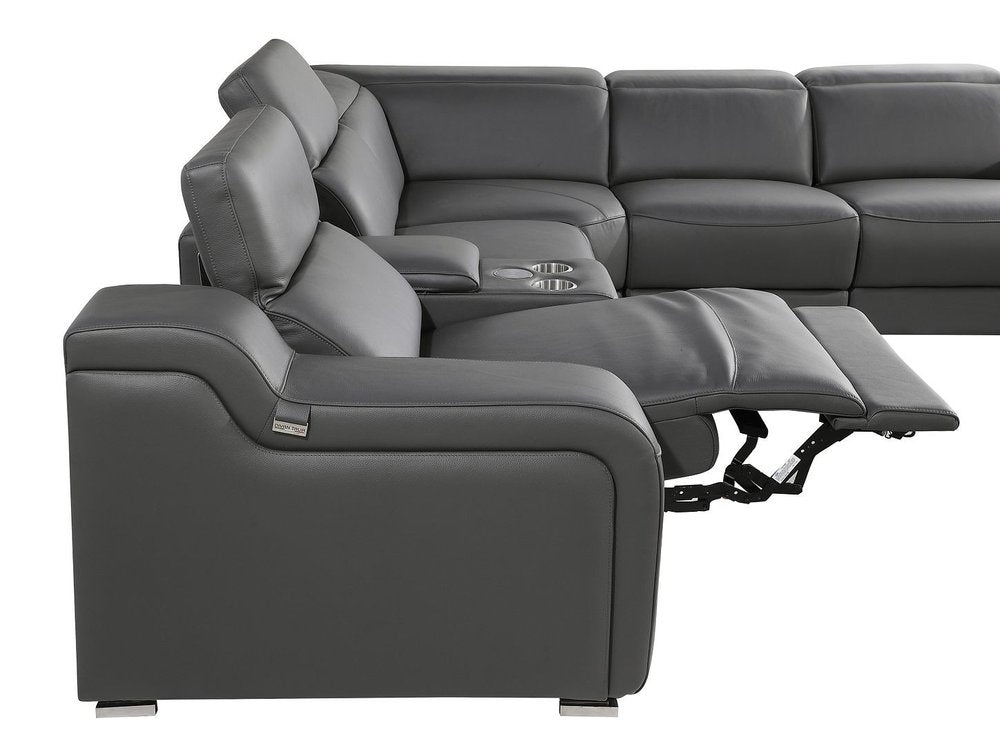 Dark Gray Italian Leather Power Reclining U Shaped Eight Piece Corner Sectional With Console